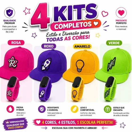 Kit Dos Rosa de Boné Infantil + Relógio Digital à Prova d'água Emily Vick, Ketlin, Void