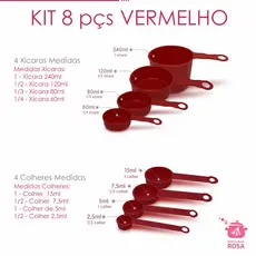 Xicaras e colheres medidas medidores 8 peças - Vermelho - Medidas exatas para suas receitas