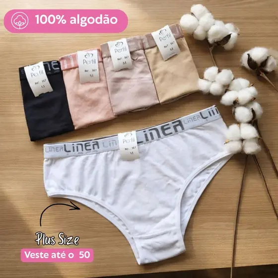 Kit 3 Calcinhas PLUS SIZE de Algodão Cós Alto Tanga de Cotton Veste 40 até EG 50