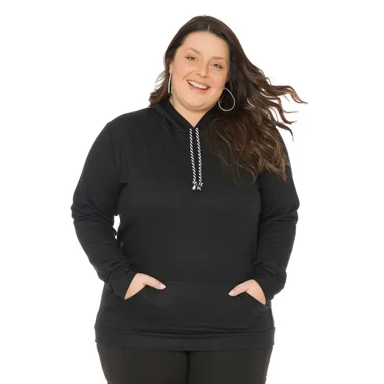 Casaco de Moletom Feminino Plus Size com Bolso Canguru e Capuz 1137-A