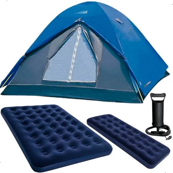 Kit Camping Completo Barraca NTK Fox 6/7 Pessoas + Colchão Casal + Colchão Solteiro + Bomba Inflador de Ar