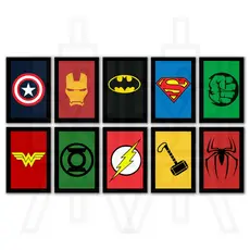 Kit Quadros Decorativos Mosaico 10 Peças Super Heróis Marvel Capitão América Homem de Ferro Batman