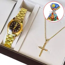 Relógio de Pulso Infantil Adulto Minimalista Aço Dourado Analógico Menino e Menina mandrake + Colar Cruz Folheado a Ouro