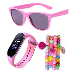 Relógio Infantil  Digital à prova d'água + Óculos De Sol Infantil UV + Ki 4 Pulseiras Miçangas - Presente para crianças