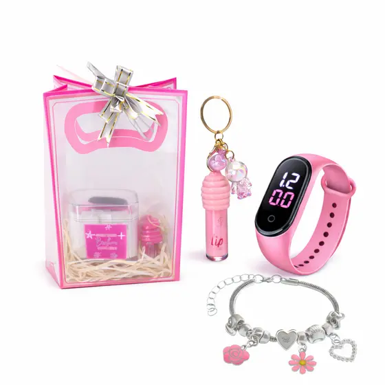 Kit Relógio Infantil Digital Menina  | Pulseira com Berloques + Lip Gloss c/ Chaveiro Sacola | Presente para Menina