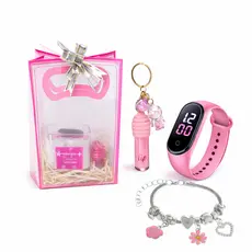 Kit Relógio Infantil Digital Menina  | Pulseira com Berloques + Lip Gloss c/ Chaveiro Sacola | Presente para Menina
