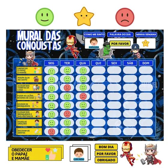 Mural das Conquistas Infantil – Incentivo Diário e Organização de Tarefas com Personagens Heróis