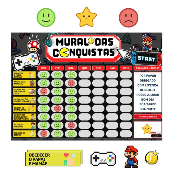 Mural das Conquistas Infantil Tema video game Quadro de Incentivo e Tarefas Diárias