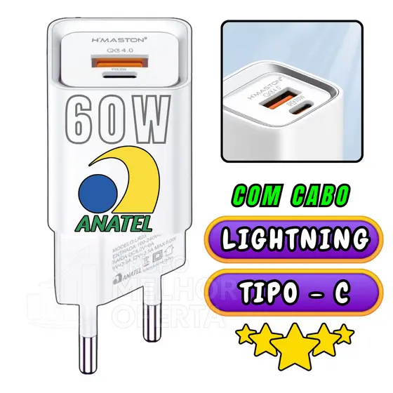 Carregador Turbo 60W QC 4.0 + PD 30W Dupla Entrada Anatel Original Rápido iPhone e Android
