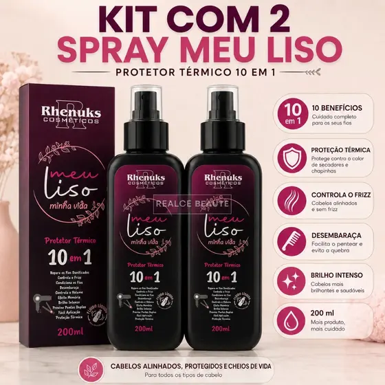 Kit com 2 Spray Protetor Térmico 10 em 1 Capilar Meu liso Minha Vida 200ml Rhenuks