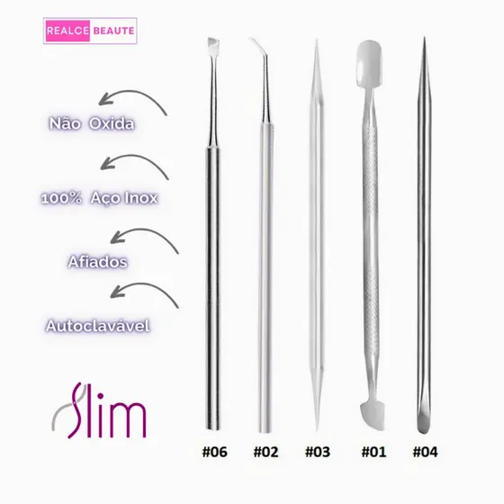 Kit Manicure Profissional 5 Itens - Espátulas Palitos - Aço Inox - Pedicure e Podologia Slim