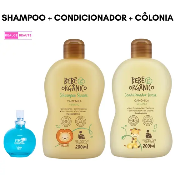 Kit Shampoo 200 ml + Condicionador 200ml + Colônia 30ml - Bebê Orgânico - Camomila Suave / Vegano