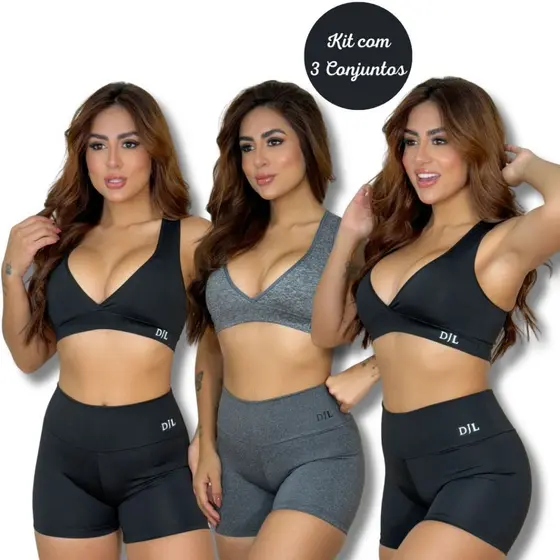 kit 3 Conjunto Fitness Top e Short Feminino Academia Bermuda