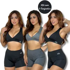 kit 3 Conjunto Fitness Top e Short Feminino Academia Bermuda