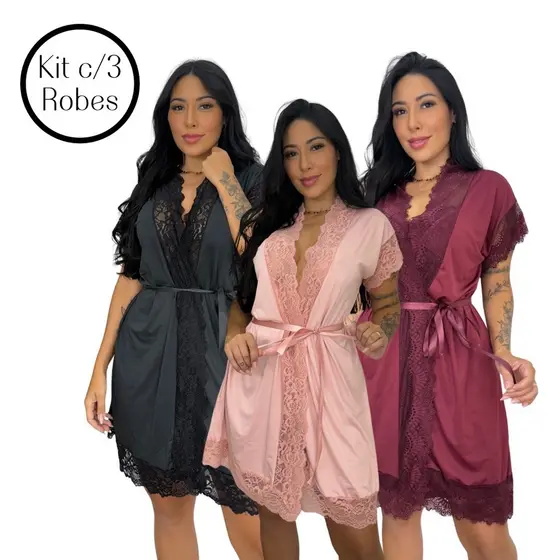 Kit 3 Robe Feminino Noiva Renda Luxo Roupão de Banho Kimono