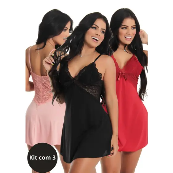 KIT 3 Camisola Sensual de Renda Sem Bojo Linha Noite Pijama Marieta