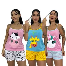 Kit com 2 Baby Doll Alcinha Feminino Estampada Fresquinho Malha Short Confortável Curto Roupa de Dormir Adulto Dejule