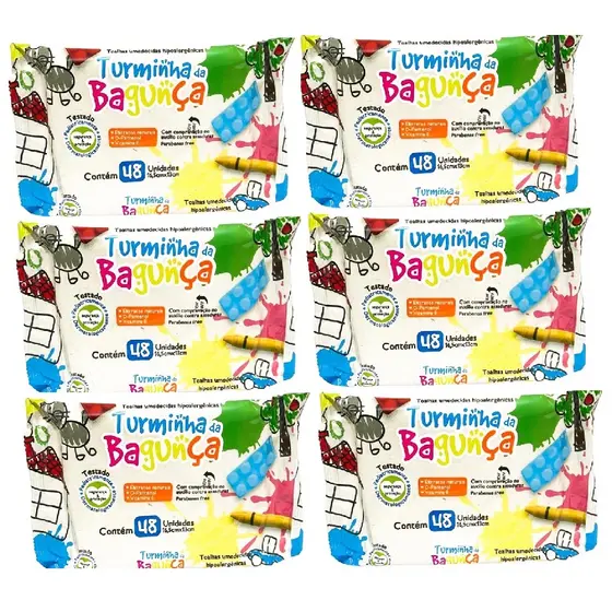 Kit com 6 - Lenço Umedecido Turminha da Bagunça Toalha Umedecida 48 Unidades