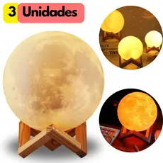 Kit De 01 Até 03 Luminária Abajur Lua Decorativa Recarregável Quarto Decoração Presente C/ Suporte Presente