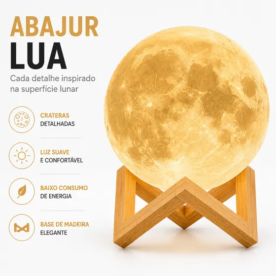 Abajur Lua 3D LED Luminária Decorativa Quarto Cabeceira Presente Criativo Base Madeira