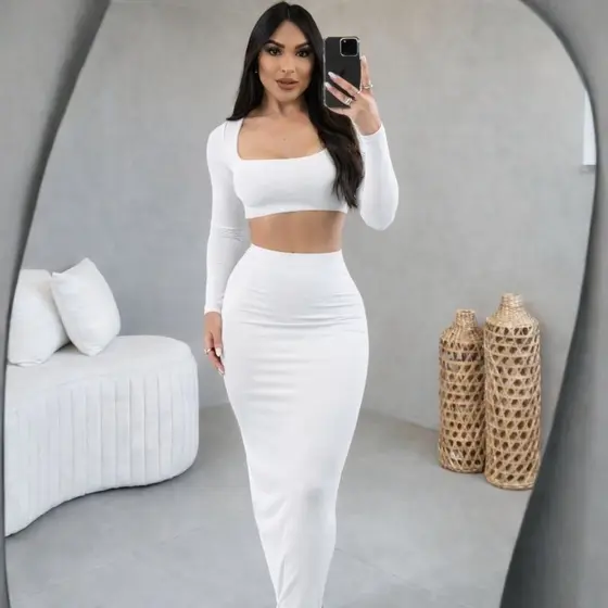 Conjunto Saia Febda e Blusa Cropped Feminina Manga Longa Inverno Decote Quadrado - Suplex Confortável, Tamanho Único