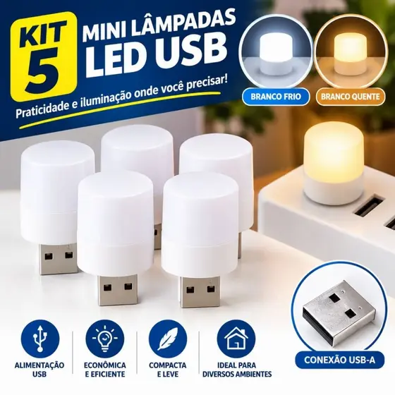 Mini Luminária Luz Lampada Led Abajur Usb Notebook Kit com 5 unidades