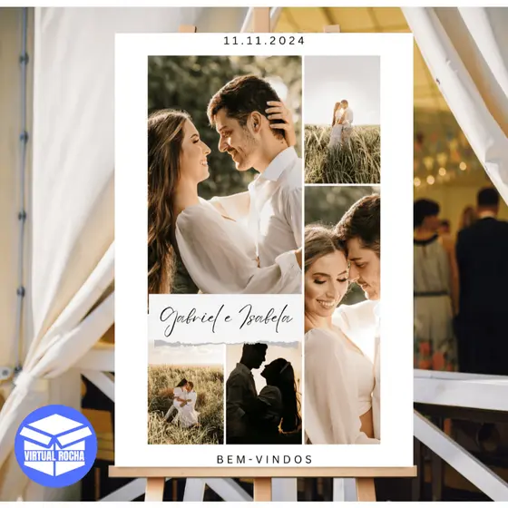 Quadro Decorativo Casamento com Colagem de Fotos Nome e Data Boas-Vindas Personalizado MDF