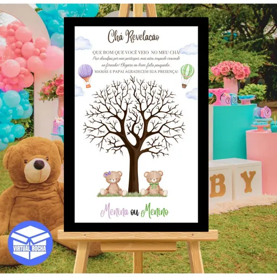 Quadro Decorativo Placa De Recepção Árvore Digitais Chá Revelação Urso Balão Personalizado MDF