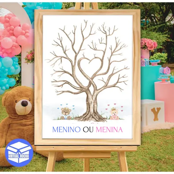 Chá Revelação Árvore Digital Urso Bebê Azul Rosa MDF