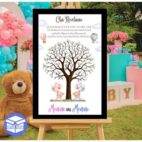 Quadro Decorativo Placa De Recepção Árvore Digitais Chá Revelação Urso Bexiga MDF