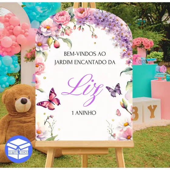 Quadro Decorativo Placa Ponta Redonda Aniversário Jardim Encantado Festa Recepção MDF