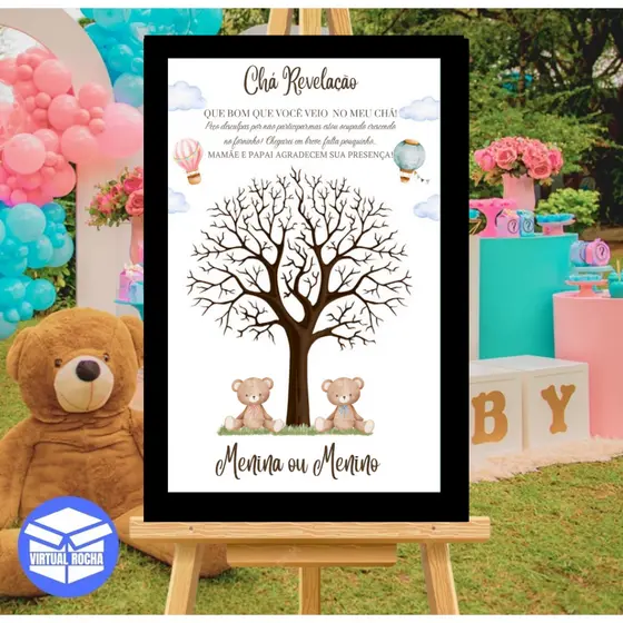 Quadro Decorativo Placa De Recepção Árvore Digitais Chá Revelação Urso Balão Azul e Rosa MDF