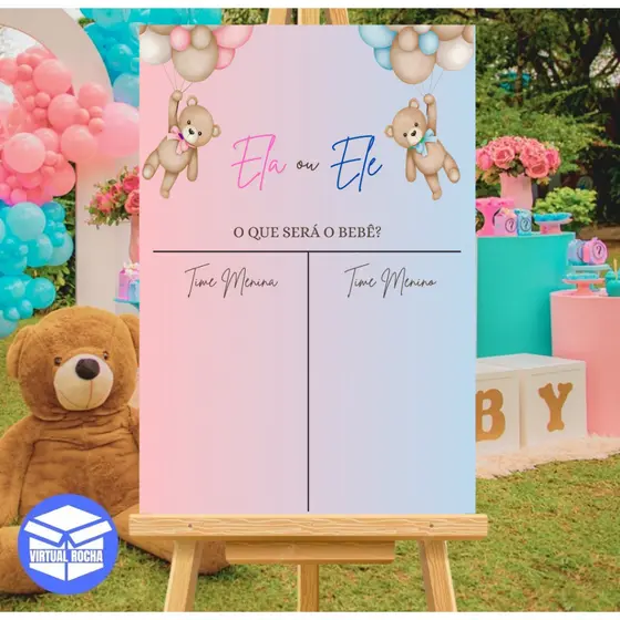 Quadro Decorativo Chá Revelação Rosa e Azul Ursos