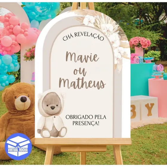 Quadro Decorativo Placa Ponta Redonda Arredondada Chá Urso Bege Revelação Personalizado MDF