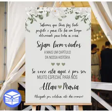 Quadro Decorativo Placa Decorativa Bem-Vindo Entrada Casamento Folhagem Branca MDF