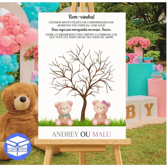 Placa Quadro De Recepção Chá Revelação Árvore Digitais Chá Urso Arvore Marrom Frase