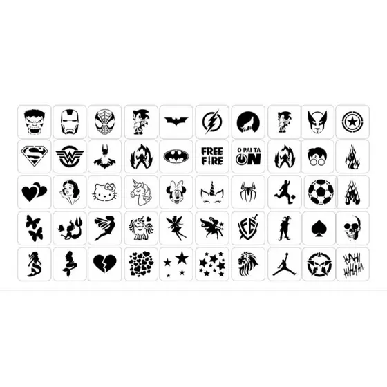 Kit 50 Stencils Pequenos para pintura facial e corporal Tema Infantil Super-Heróis