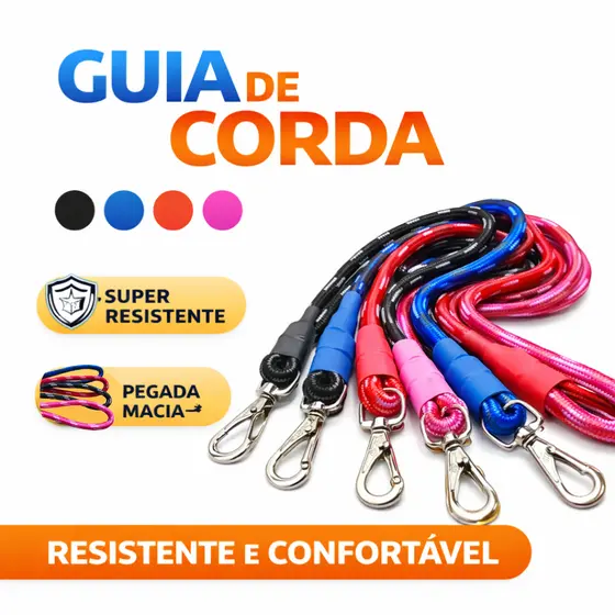 Guia de Corda 1,2m Reforçada Resistente Pet Cachorro Caes Mosquetão Acabamento Termo Retratil