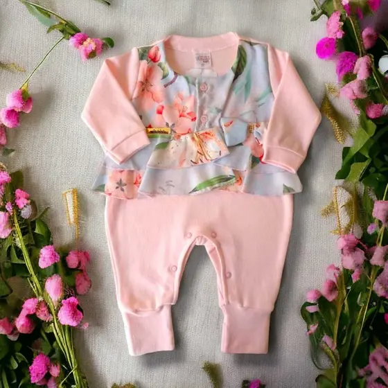 Macacão Para Bebê Menina Algodão Flores Enxoval