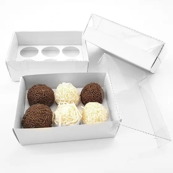 20 a 70 Caixas Branca para 6 doces COM BERÇO, tampa de Acetato. Medidas 12x08x04cm