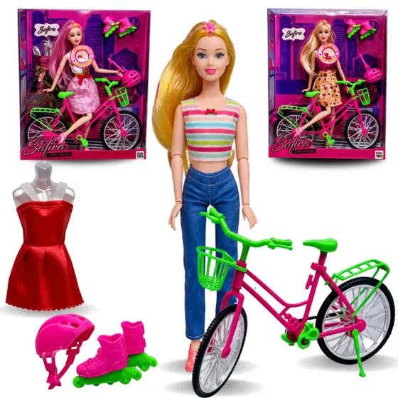 Boneca C/ Bicicleta Patins Radical Articulada Musical Safira