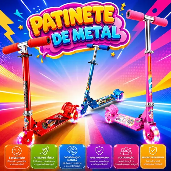 Patinete Infantil Ferro 3 Rodas Dobrável E Altura Ajustável