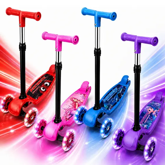 Patinete Criança 3 Rodas Dobrável Roda Led Guidão Ajustável