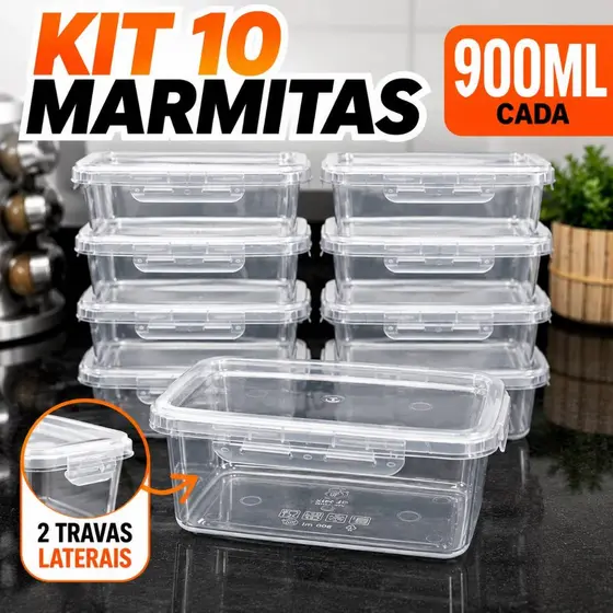 Kit 10 Marmitas 900ml com Travas Potes Herméticos - Livres de BPA para Alimentos organiza congelador