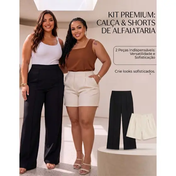Kit 2 Peças Calça E Shorts Alfaiataria Plus Size Feminina Elegante Cintura Alta Moda  Premium