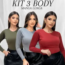 Kit 3 Body Feminino Manga Longa Gola Redonda  Premium Diversas Cores