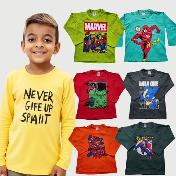 Kit 05 Camisetas Infantil Manga Longa 100% Algodão 30.1 Diversas Estampas Masculino