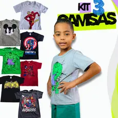 Kit 3 Camisetas Infantis para Menino (Estampas Sortidas) Verão 2026 Blusa Heróis Infantil