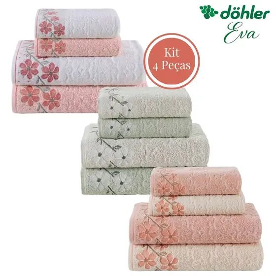 Jogo de Toalha 4 Peças Dohler de Algodão 2 Banho 2 Rosto Excelente Absorção Felpuda Macia Eva