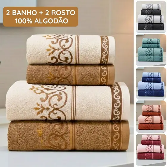 Jogo de Toalha 4 Peças 100% Algodão Bordada 2 Banho 2 Rosto Macia Boa Absorção Brisa Habitat